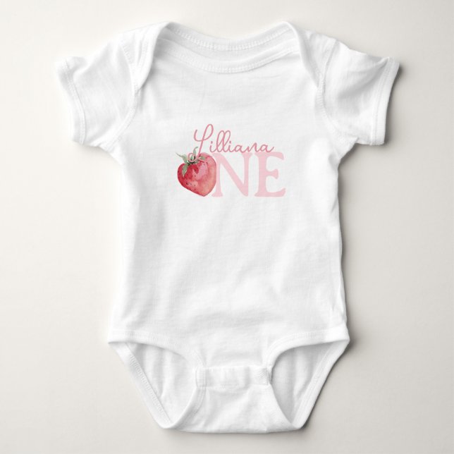 Cute Pink Strawberry Birthday Girl ONE Baby Bodysuit (Front)