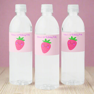 Cute Pink Strawberry Fruit Girl 1st Birthday Party Water Bottle Label