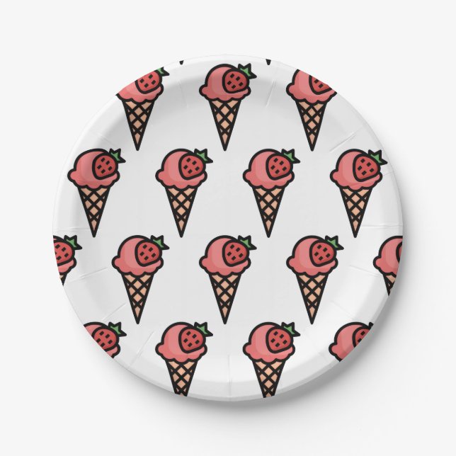 Cute Pink Strawberry Ice Cream Aesthetic Pattern Paper Plate (Front)