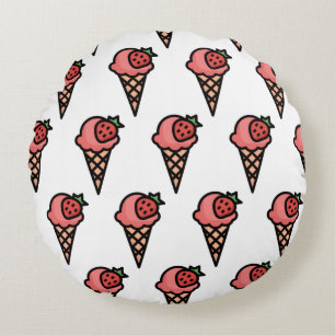 Cute Pink Strawberry Ice Cream Aesthetic Pattern Round Cushion