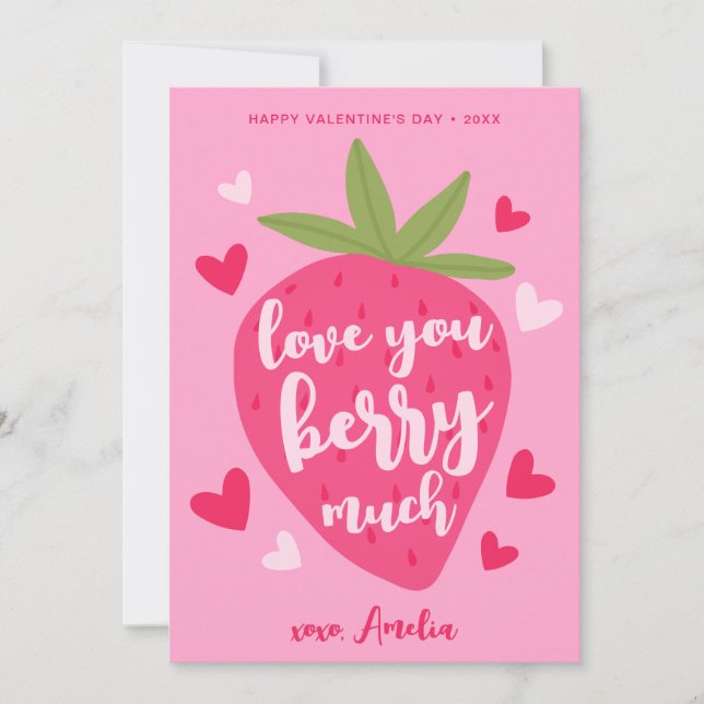 Cute Pink Strawberry Love Berry Hearts Valentines Holiday Card (Front)