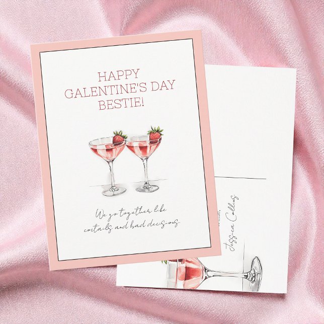 Cute Pink Strawberry Martini Galentine's Day Holiday Postcard (Cute Pink Strawberry Martini Galentine's Day Holiday Postcard)