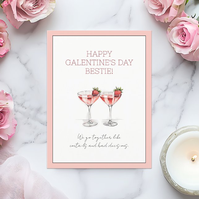 Cute Pink Strawberry Martini Galentine's Day Holiday Postcard (Cute Pink Forever Your Partner in Crime Galentine Holiday Postcard)