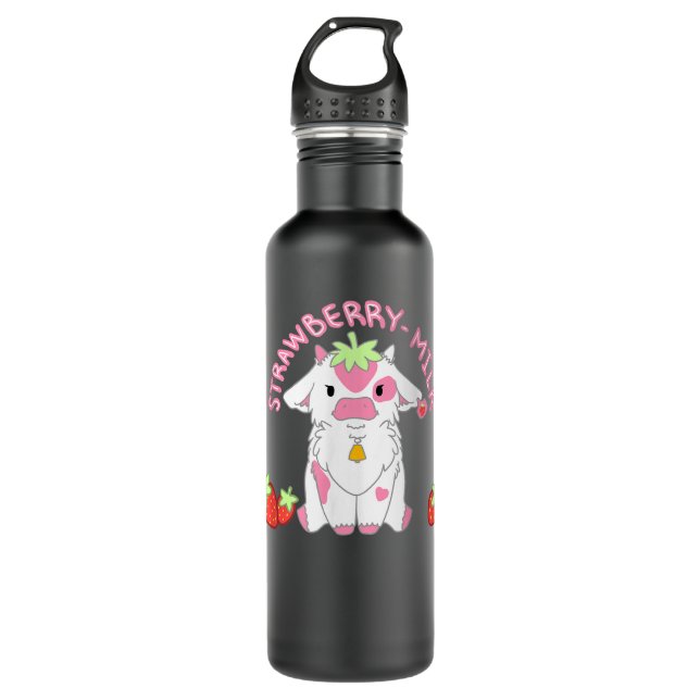 Cute Pink Strawberry Milk Cow Kawaii Aesthetic   710 Ml Water Bottle (Front)