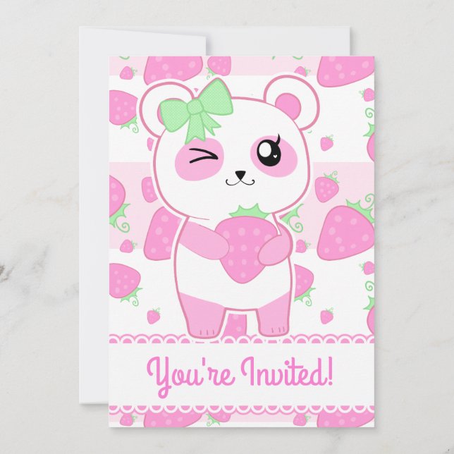 Cute Pink Strawberry Panda Invitation (Back)