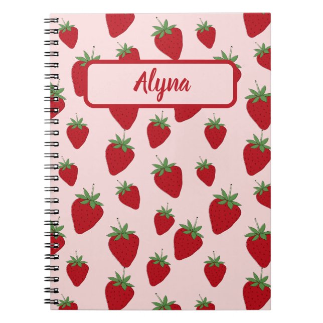Cute Pink Strawberry Pattern Alyna Name Notebook (Front)