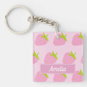Cute Pink Strawberry Pattern Personalised Key Ring