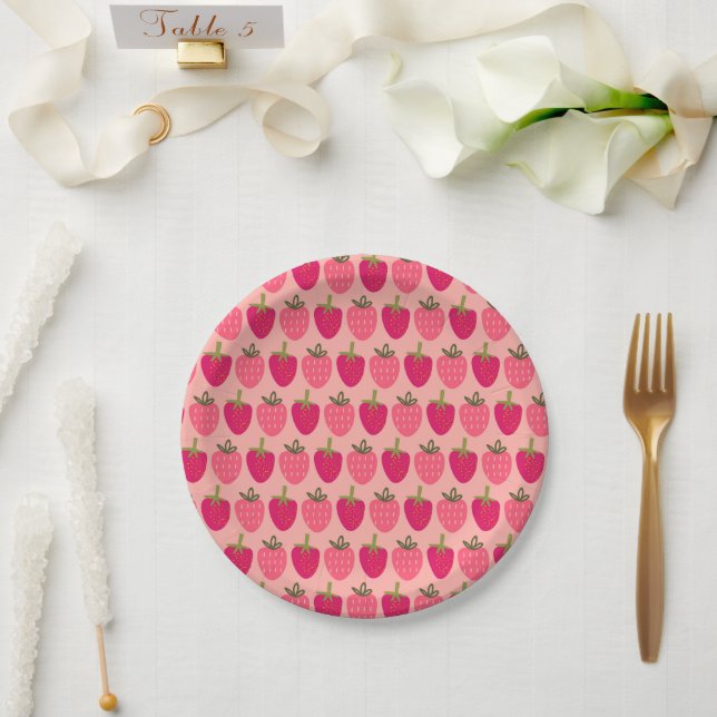 Cute Pink Strawberry Print Paper Plates (Wedding)