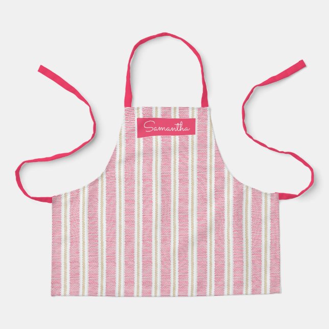 Cute Pink Striped Custom Name Girls Apron (Front)