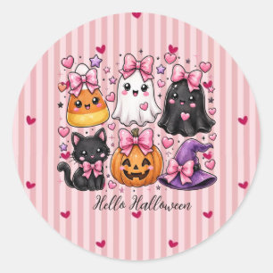 Cute Pink Striped Hello Halloween Characters Class Classic Round Sticker