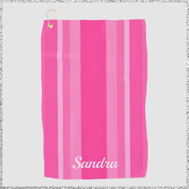 Cute Pink Striped Lady Golfer Golf Towel (Creator Uploaded)