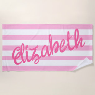 Cute Pink Striped Script Name Personalised  Beach Towel