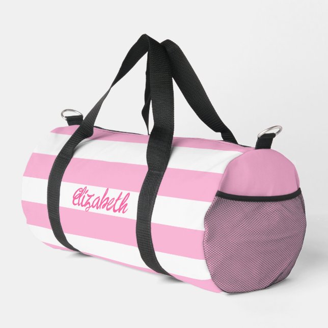 Cute Pink Striped Script Name Personalised  Duffle Bag (Right Corner)