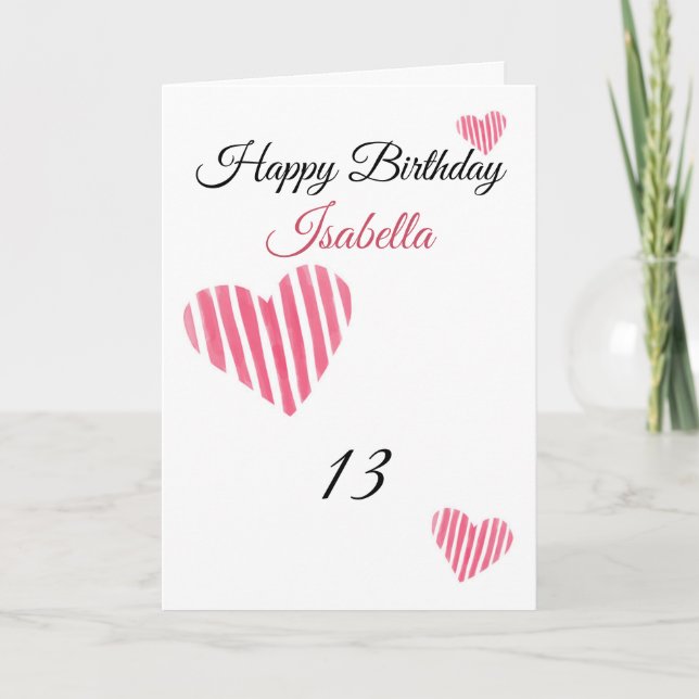 Cute Pink Striped Watercolor Hearts 13th Birthday Card (Front)