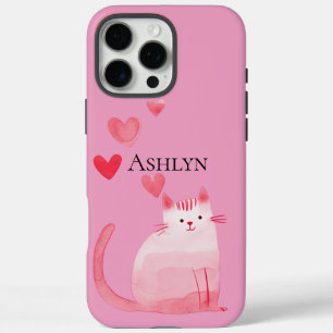 Cute Pink Stripes Cat with hearts iPhone 16 Pro Max Case