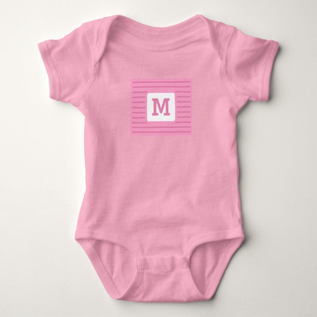 Cute Pink Stripes Custom Single Initial White Baby Bodysuit (Front)