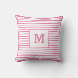 Cute Pink Stripes Custom Single Initial White Cushion