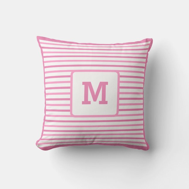 Cute Pink Stripes Custom Single Initial White Cushion (Front)