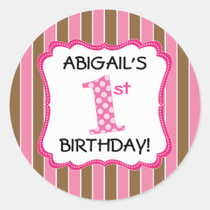 Cute Pink Stripes Girl's First Birthday Classic Round Sticker