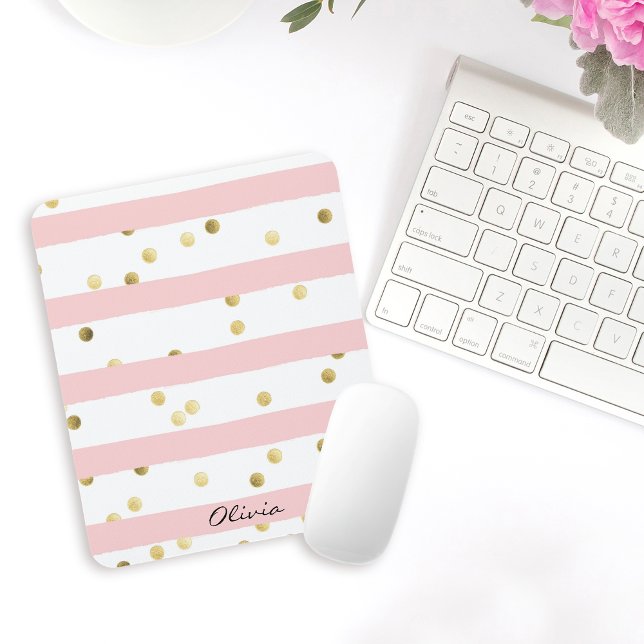 Cute Pink Stripes Gold Polka Dots with Name Mouse Pad (Creator Uploaded)