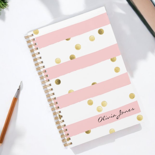 Cute Pink Stripes Gold Polka Dots with Name Planner (Personalize with your name or other desired text.)