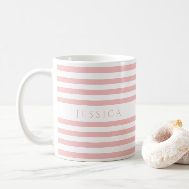 Cute Pink Stripes Pattern Name Coffee Mug (With Donut)