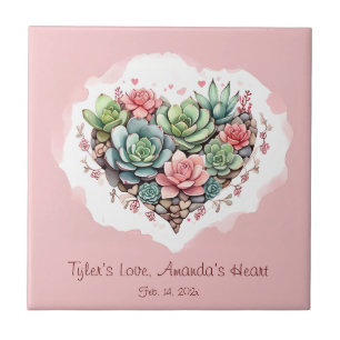 Cute Pink Succulent Heart Valentines Day Ceramic Tile