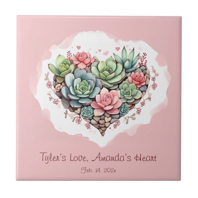 Cute Pink Succulent Heart Valentines Day Ceramic Tile (Front)