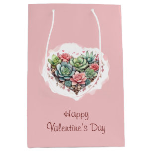 Cute Pink Succulent Heart Valentines Day Medium Gift Bag