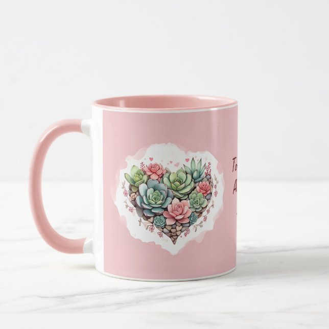 Cute Pink Succulent Heart Valentines Day Mug (Left)