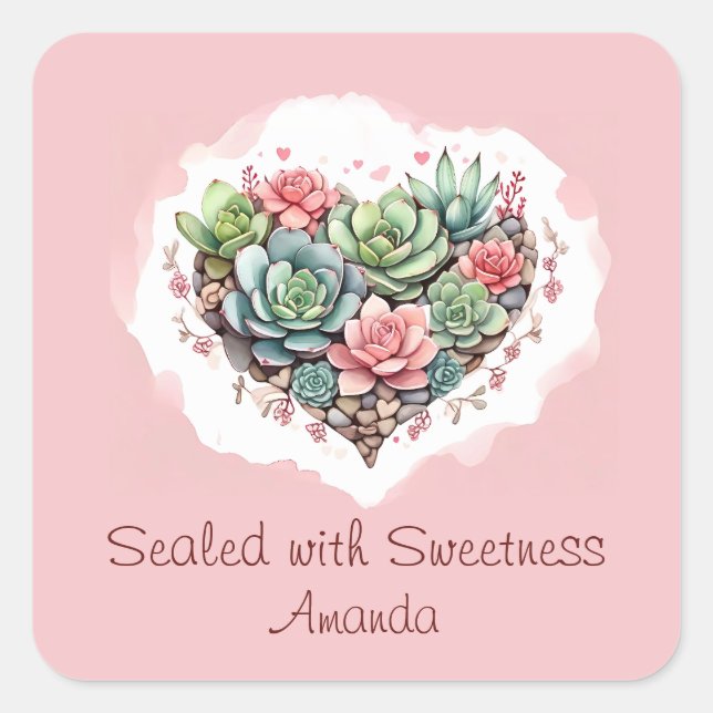 Cute Pink Succulent Heart Valentines Day Square Sticker (Front)