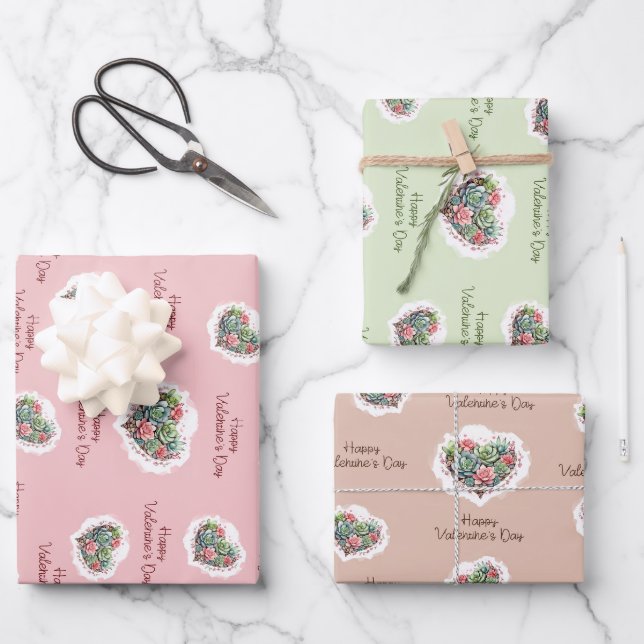 Cute Pink Succulent Heart Valentines Day Wrapping Paper Sheet (Front)