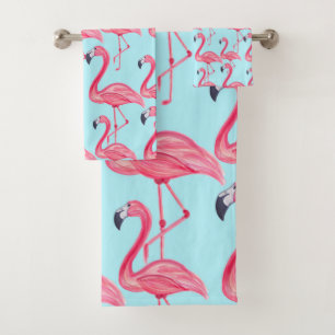 Cute Pink Summer Painted Flamingo Pattern Blue Bath Towel Set