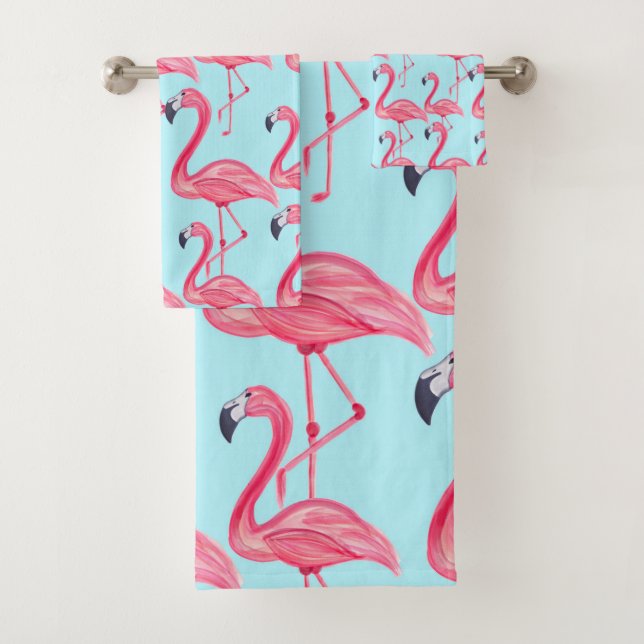 Cute Pink Summer Painted Flamingo Pattern Blue Bath Towel Set (Insitu)