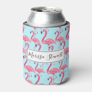 Cute Pink Summer Painted Flamingo Pattern Blue Can Cooler