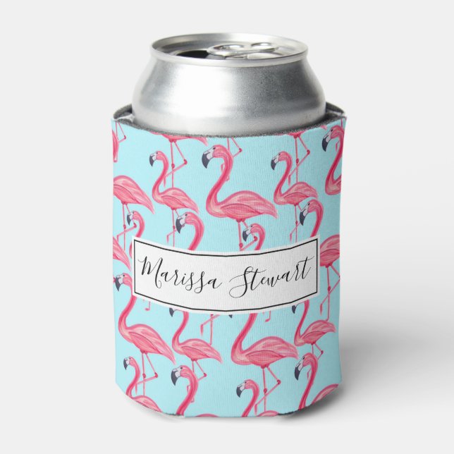 Cute Pink Summer Painted Flamingo Pattern Blue Can Cooler (Can Front)
