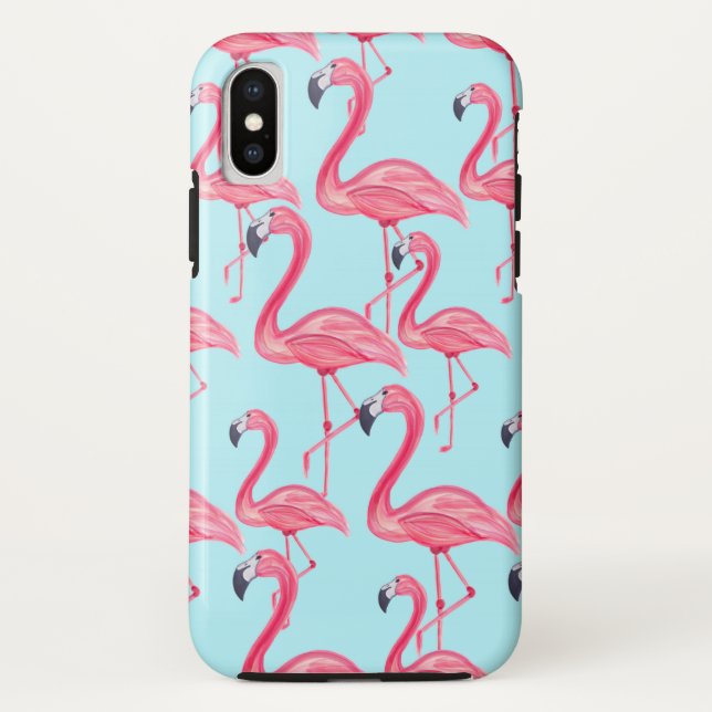 Cute Pink Summer Painted Flamingo Pattern Blue Case-Mate iPhone Case (Back)