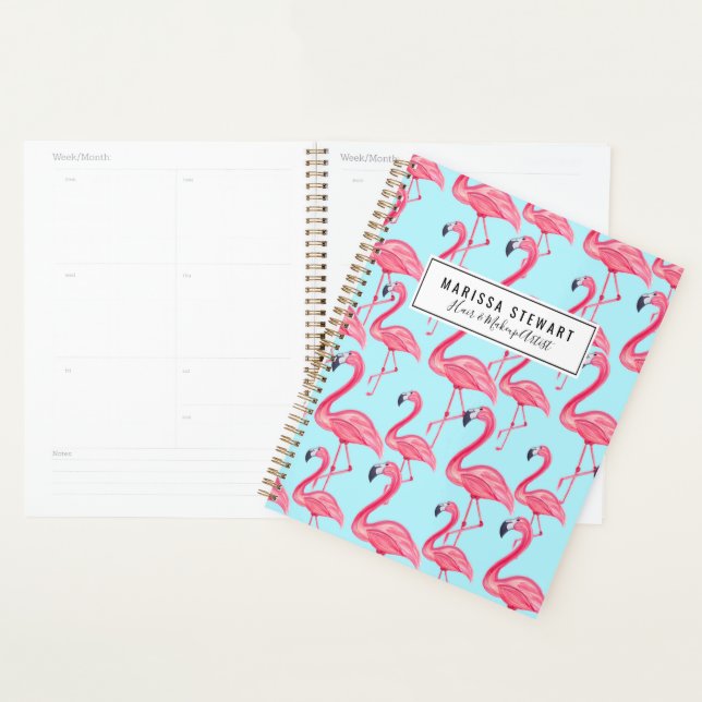 Cute Pink Summer Painted Flamingo Pattern Blue Planner (Display)