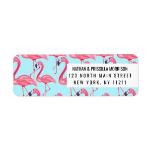 Cute Pink Summer Painted Flamingo Pattern Blue Return Address Label