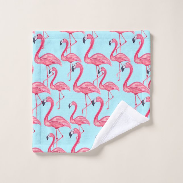 Cute Pink Summer Painted Flamingo Pattern Blue Wash Cloth (Wash Cloth)