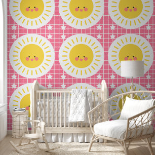 Cute Pink Sunshine Kids Nursery Room Wallpaper