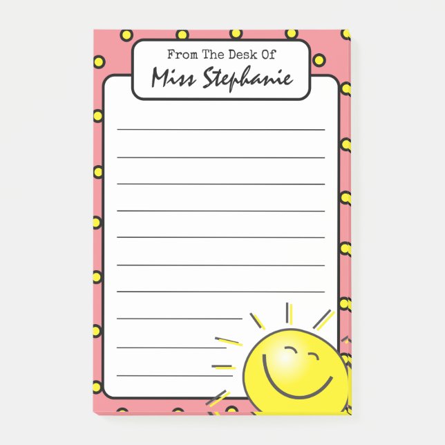Cute Pink Sunshine Smile Face From Teacher  Post-it Notes (Front)