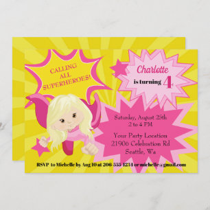 Cute Pink Superhero Girl Birthday Invitation