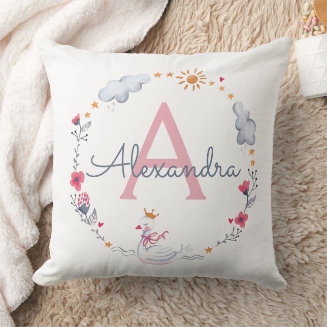 Cute pink swan & sun floral wreath with monogram w cushion (Blanket)