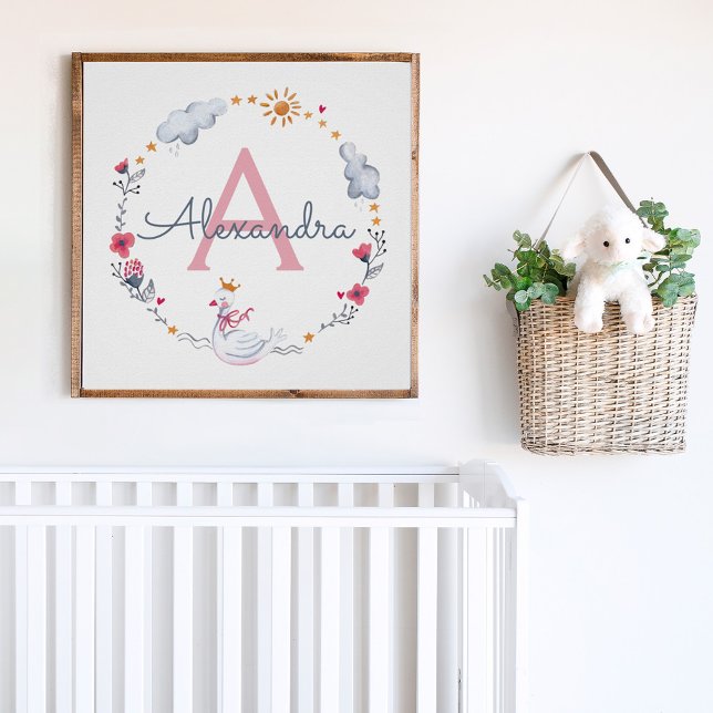 Cute pink swan & sun floral wreath with monogram w poster (Creator Uploaded)