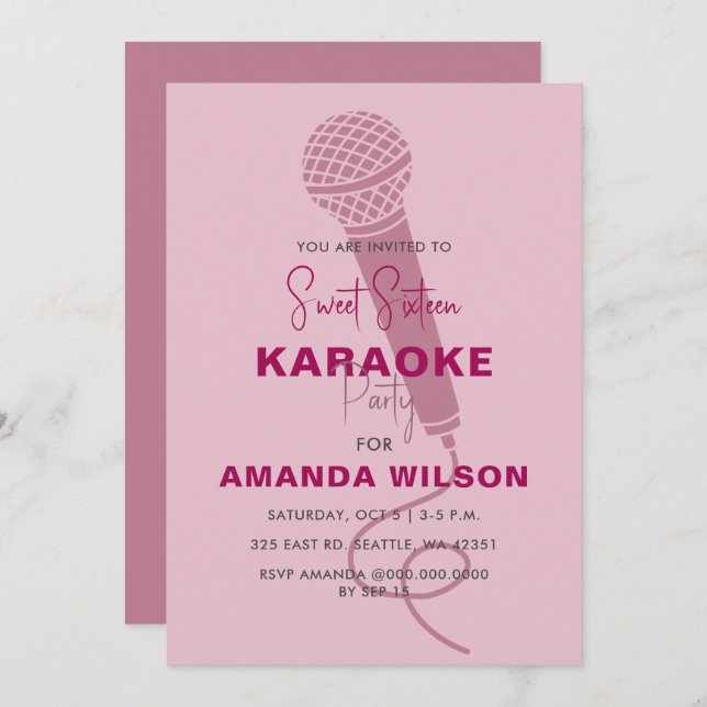 Cute Pink Sweet 16 Birthday Karaoke Party Invitation (Front/Back)