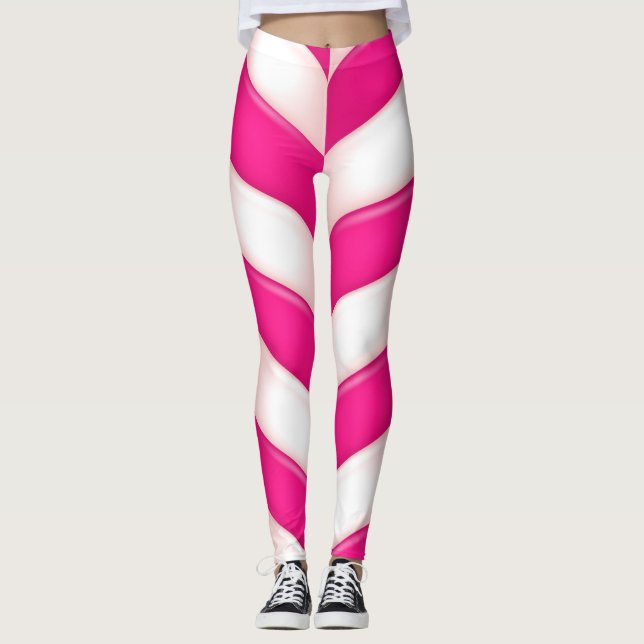 Cute Pink Sweet Candy Cane Pattern Leggings (Front)