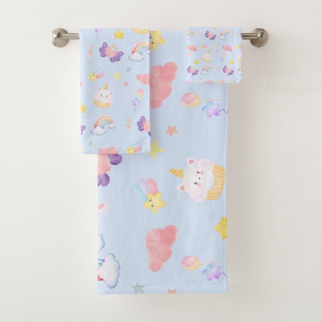 Cute pink sweet cupcake unicorn rainbow Pattern  Bath Towel Set (Insitu)