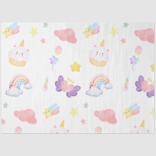 Cute pink sweet cupcake unicorn rainbow Pattern  Tissue Paper (Front)
