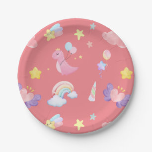 Cute pink sweet dinosaur rainbow balloon Pattern Paper Plate